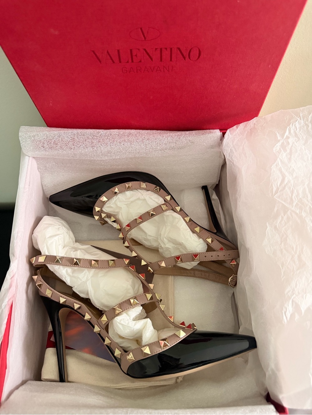 Valentino Garavani Black Patent Leather Pumps with Nude Studded Straps 100mm